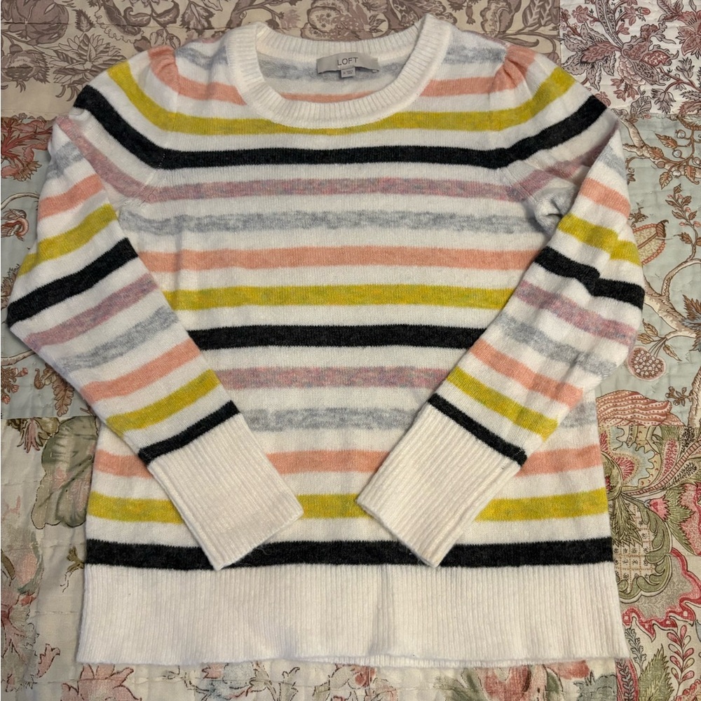 LOFT Women's Striped Crew Neck Sweater - Cream, Pink, Yellow, Black